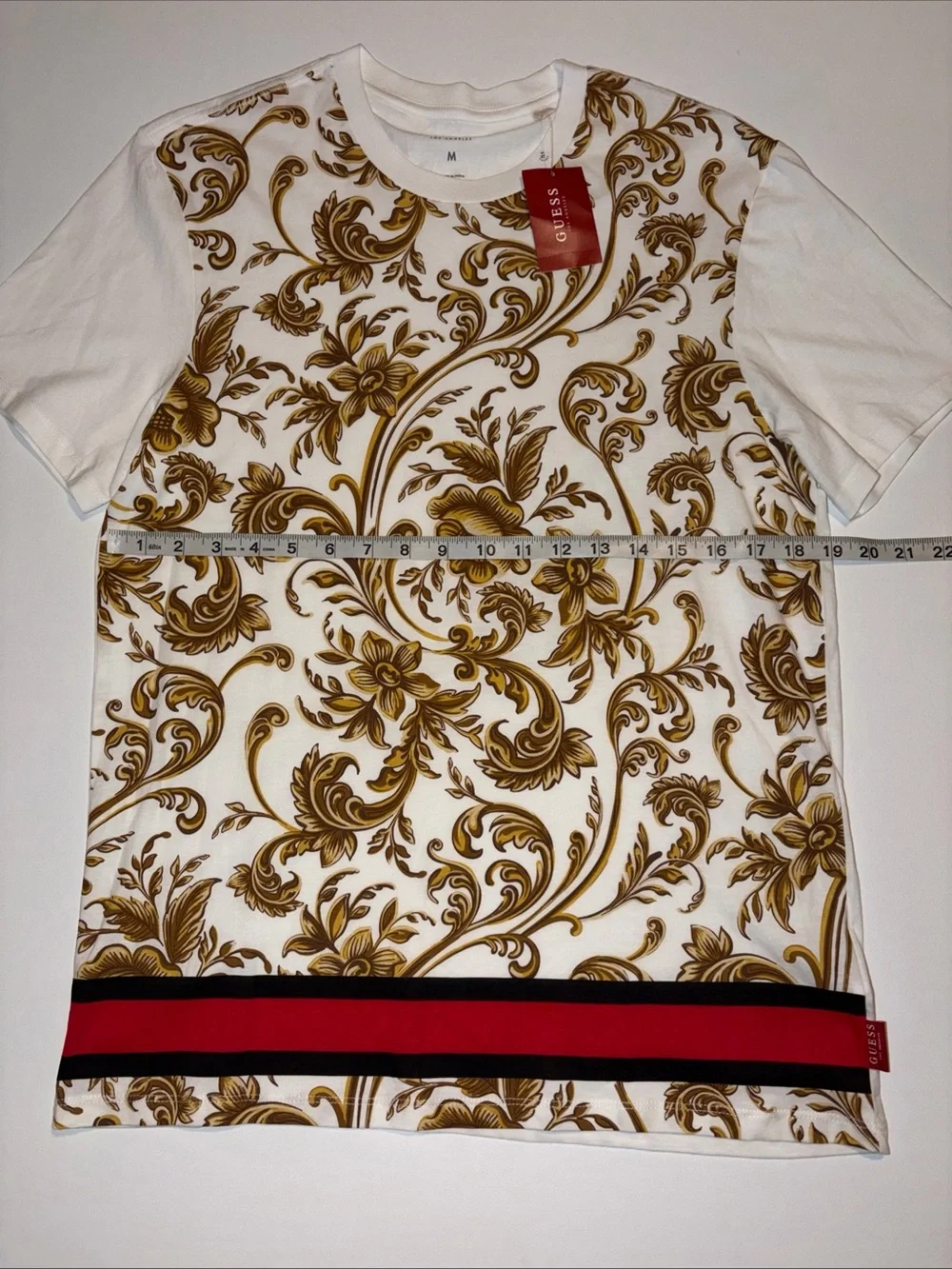 GUESS White T-Shirt with Gold Baroque Print and Red-Black Hem Stripe M - Picture 6 of 6